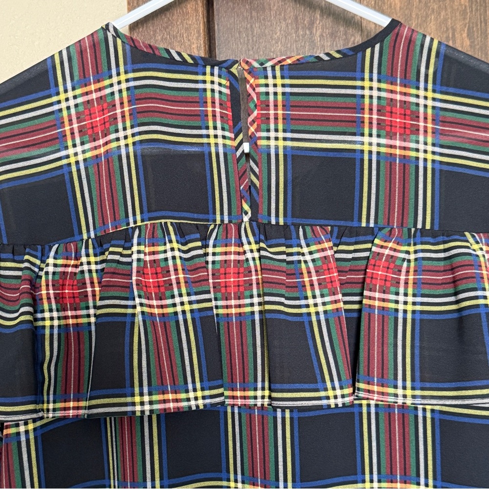 J. Crew Edie Stewart Tartan Plaid Ruffle Short Sleeve Blouse Size 10 - Picture 3 of 13